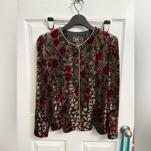 VTG R&K Evening Women's Red Brown Burnout Velvet Cardigan Gold Trim 10 Floral